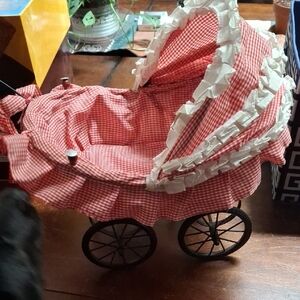 Vintage Red Gingham Doll Stroller with Ruffle Trim